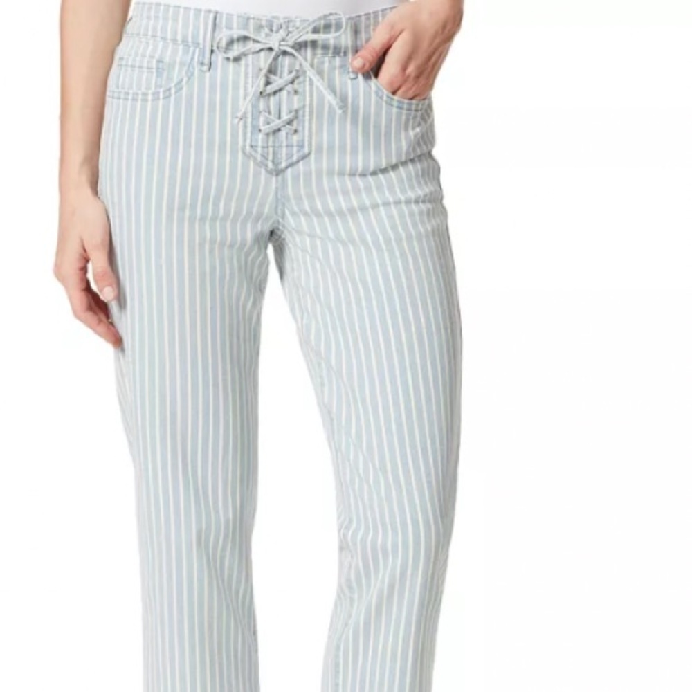 FRAYED High Rise Striped Cropped Jeans - Blue and White